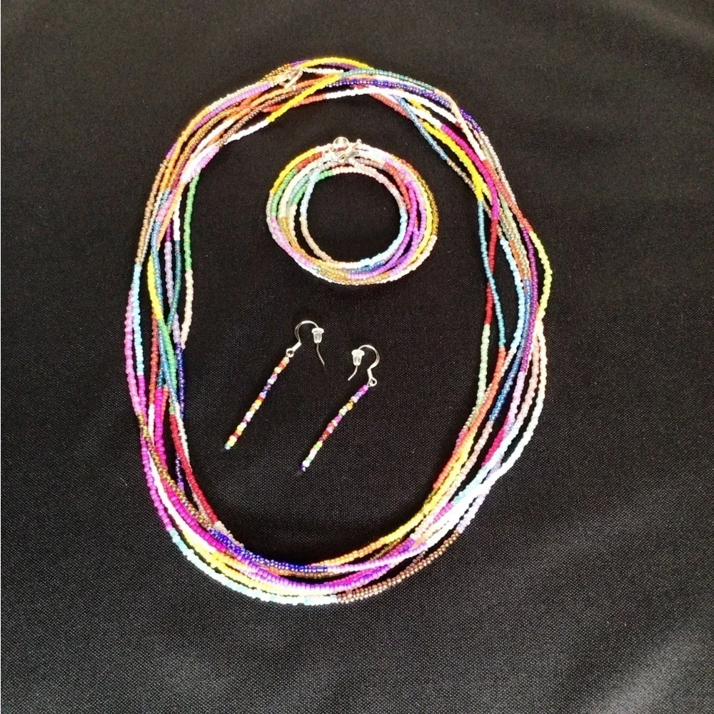 Multi-Colored Multi-Strand Glass Beaded Necklace, Bracelet, & Earring Set.